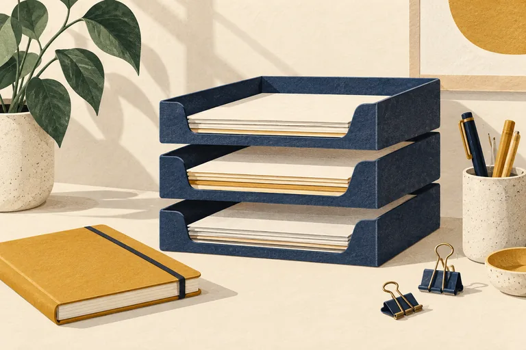 An editorial illustration of document trays, a notebook and binder clips.